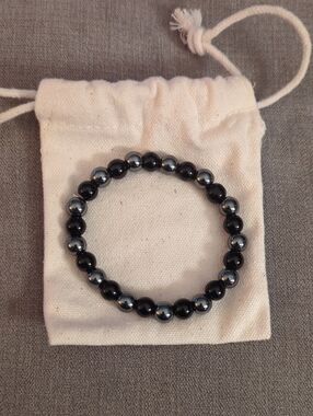 Hematite and Black Beaded Stretch Bracelet - Women Jewelry